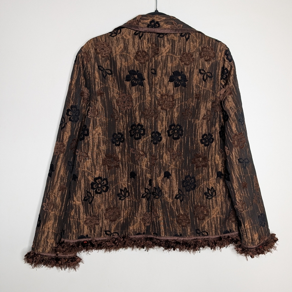 Women's Vintage Boho Brown Fringed Blazer Floral Stripe Espresso Brown Black M - Picture 7 of 10